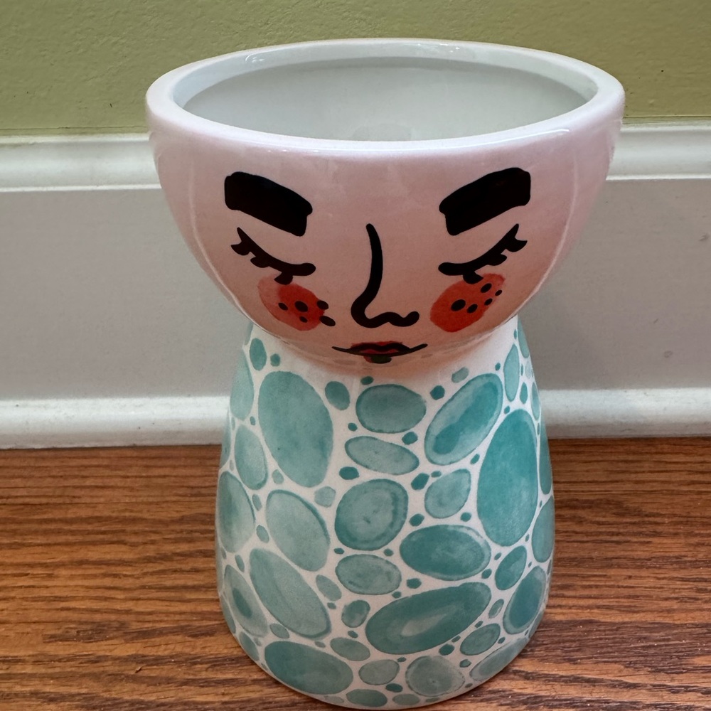 Hand-Painted Ceramic Face Planter in Pink and Teal